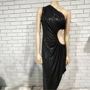 Norma Kamali Sunburst One‑Shoulder Cut‑Out Gown – Size XL – Black Lamé / Evening